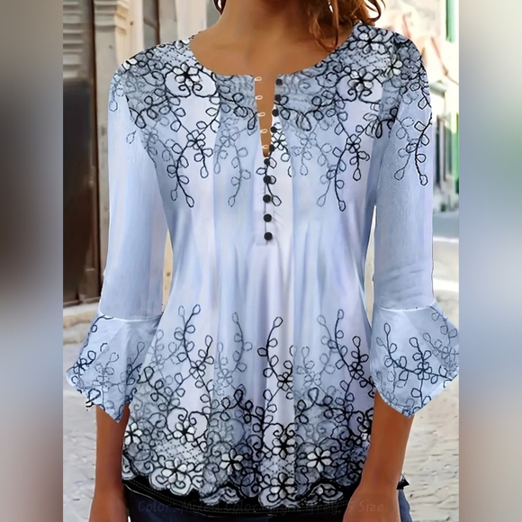 Tops - NEW Floral Print Button Blouse, Casual Ruffle Trim Half Sleeve